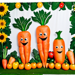 A whimsical, oversized vegetable garden photo booth backdrop designed by AI, featuring oversized carrots, tomatoes, and smiling sunflowers.