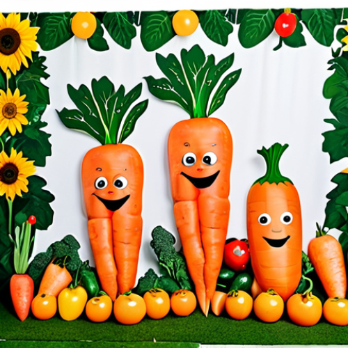 A whimsical, oversized vegetable garden photo booth backdrop designed by AI, featuring oversized carrots, tomatoes, and smiling sunflowers.