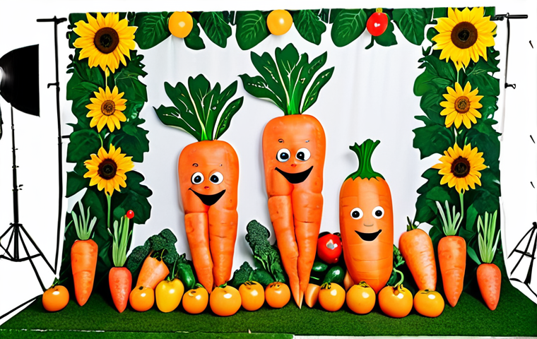 A whimsical, oversized vegetable garden photo booth backdrop designed by AI, featuring oversized carrots, tomatoes, and smiling sunflowers.